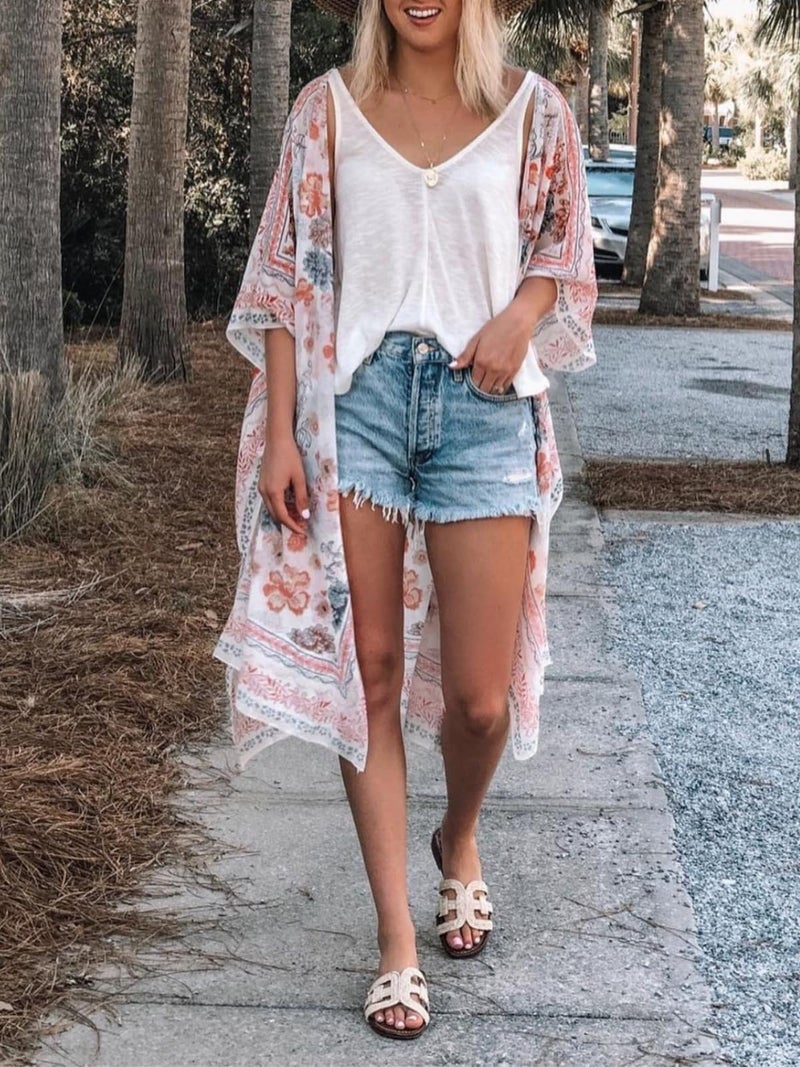 Maybuy Women's Long Chiffon Kimono Summer Cardigan Dusters Lightweight Sheer Beach Boho Bathingsuit Open Cover-Ups (XL) 0-floral1/Multicolored - Image 4